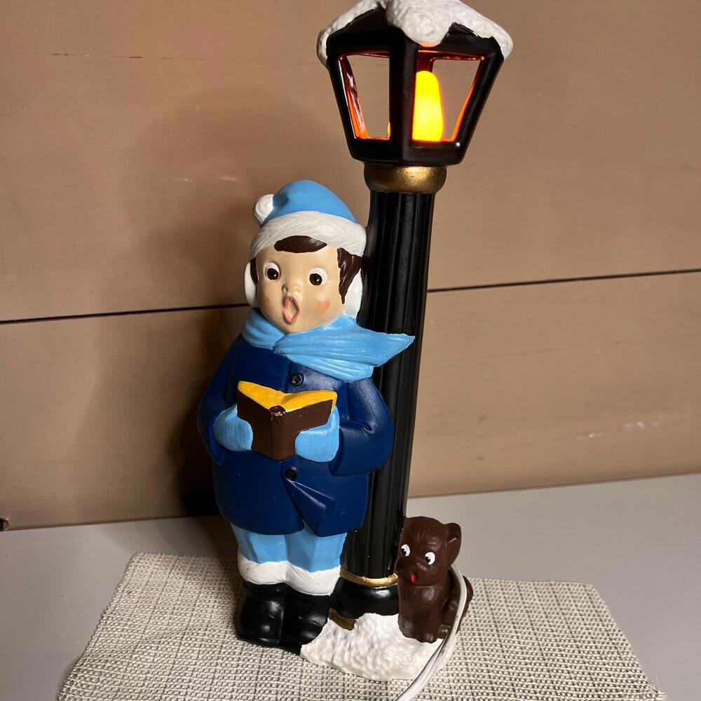 70s Vintage Christmas Caroler Lamp Light Figurine Child with Dog Street Lamp